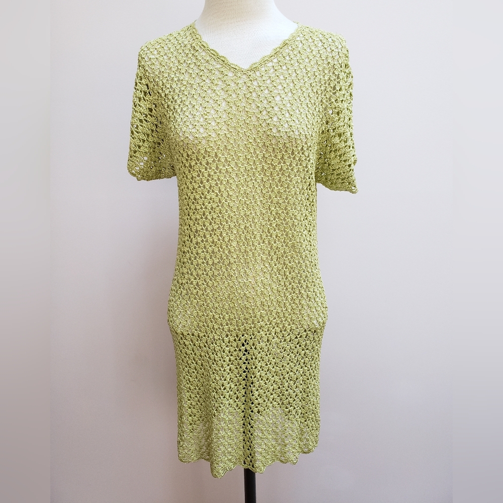 Vintage Delores Bell Light Green Open Knit V-neck Short Sleeve Dress, Medium